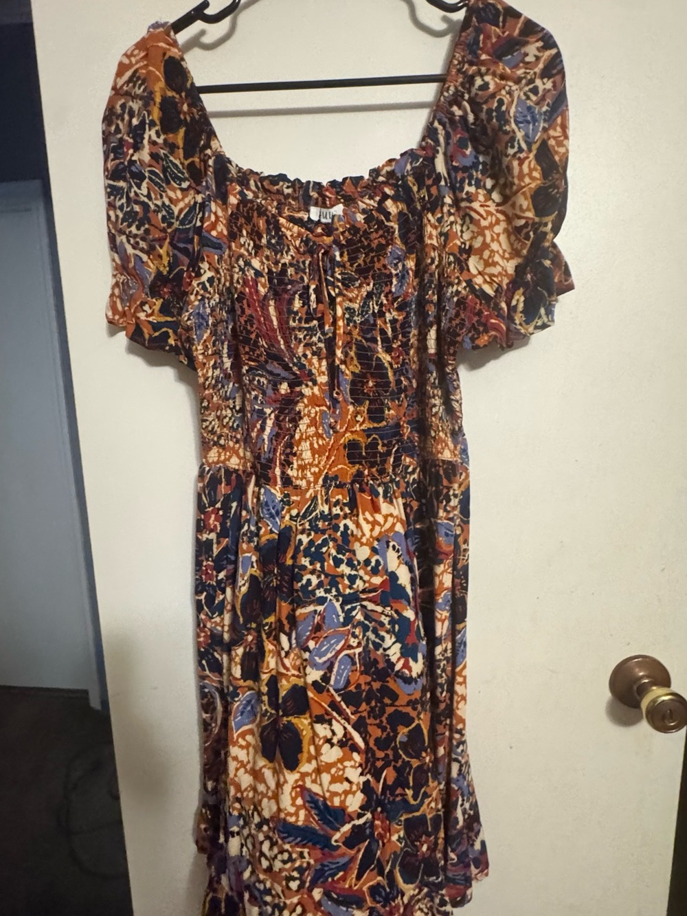 AUW Rust, Navy & Cream Floral Print Midi Dress with Puff Sleeves